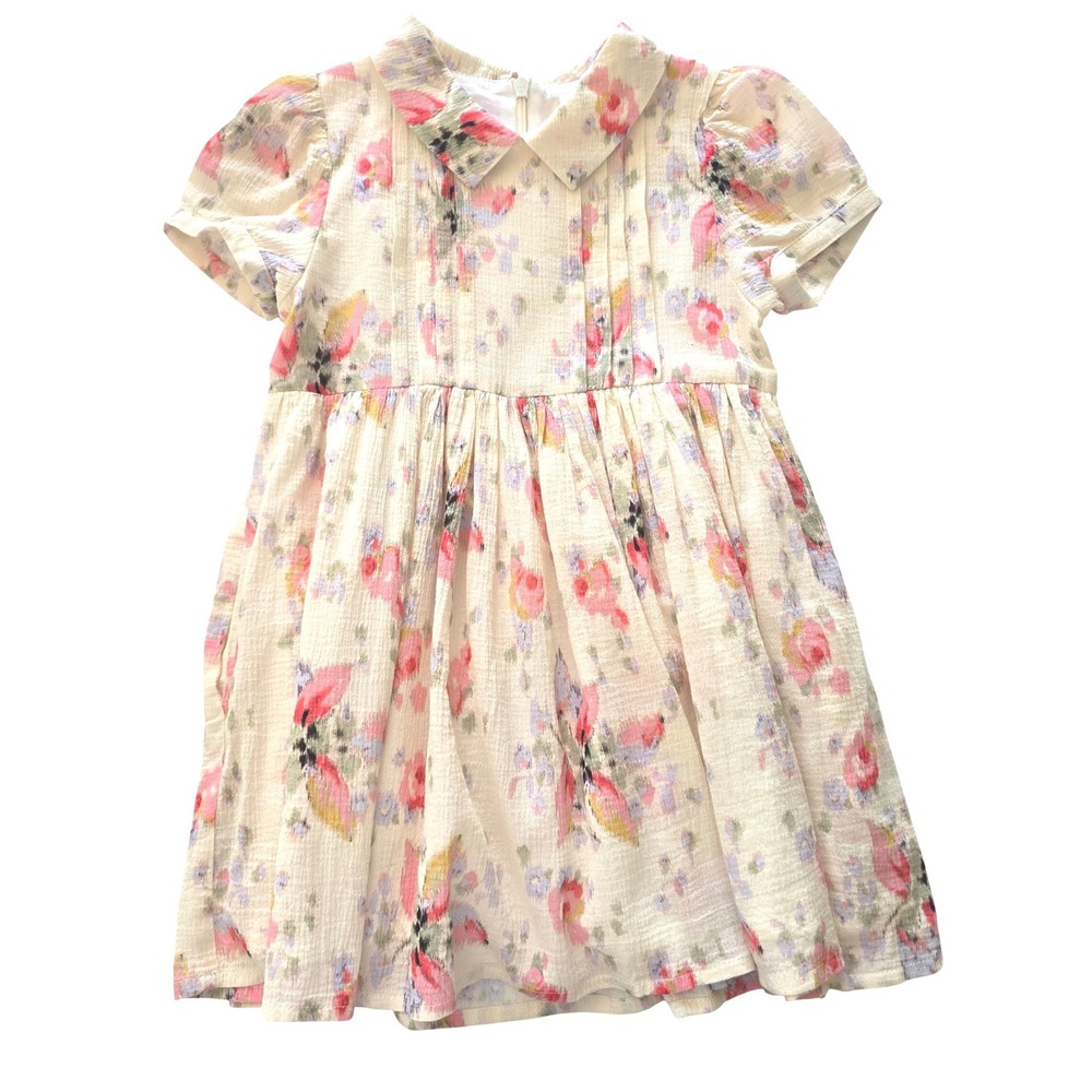 Morley Floral Dress Girls 3 Ivory Pink Seersucker Peter Pan Collar Short Sleeve
